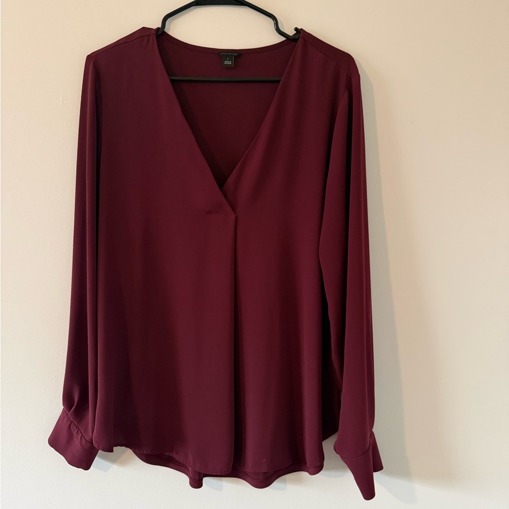 Ann Taylor Burgundy V-Neck Long Sleeve Blouse